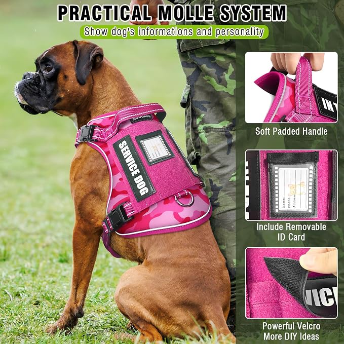 Tactical Dog Harness and Leash Set with 10 Patches for Large Dogs | Heavy Duty No Pull Service Dog Vest with Dog Seat Belt ,Adjustable Reflective Easy Walk for Training Hiking Camo Pink L