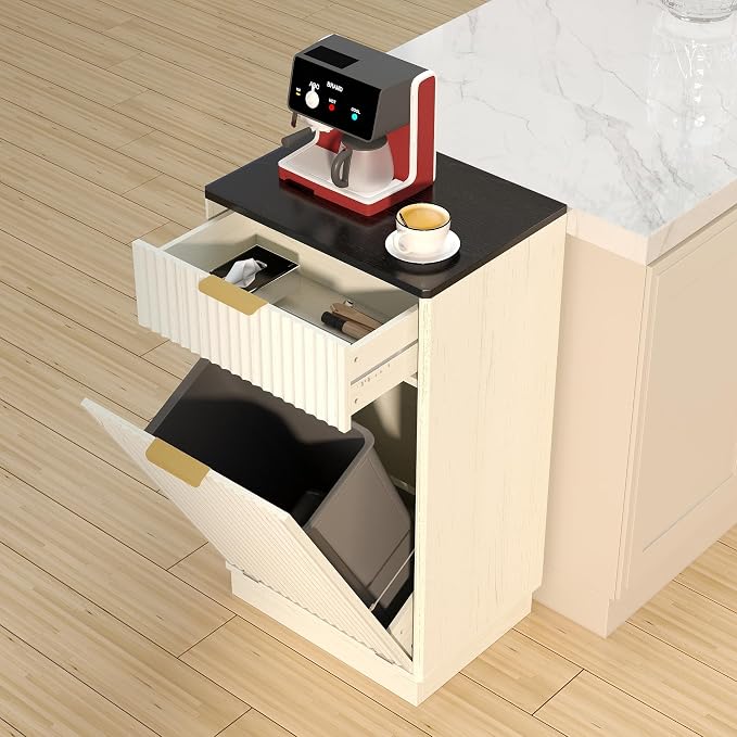10-Gallon Single Tilt Out Trash Can Cabinet with Drawer,Kitchen Trash Can Cabinet Garbage Recycling Cabinet Wooden Dog-Proof Trash Cabinet for Dining Room and Kitchen,Laundry Room