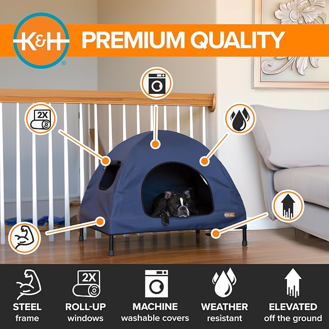 K&H Elevated Dog Bed, Outdoor Pet Cot House for Medium Pets - 32x25in Blue | Outdoor Raised Dog Bed House, Enclosed Canopy, Window Flaps for Air Flow, Washable Cover, Raised Metal Frame, Collapsible