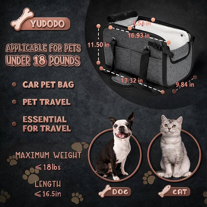 YUDODO 10-18lbs Large Console Dog Car Seat with Removable Velvet Cushion | Portable Puppy Cat Seat, PU Leather, Waterproof, Wipe Clean, Safe & Durable, Side Pockets, for Truck & SUV-Width>9.5in, Gray