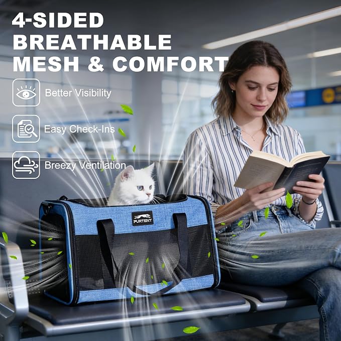 Pet Carrier Airline Approved, Soft Sided Cat Carrier for Small Pets up to 13 lbs, TSA Approved Dog Travel Bag, Portable Soft Sided Pet Carrier for Kittens and Puppies (Blue, Folding Bowl)