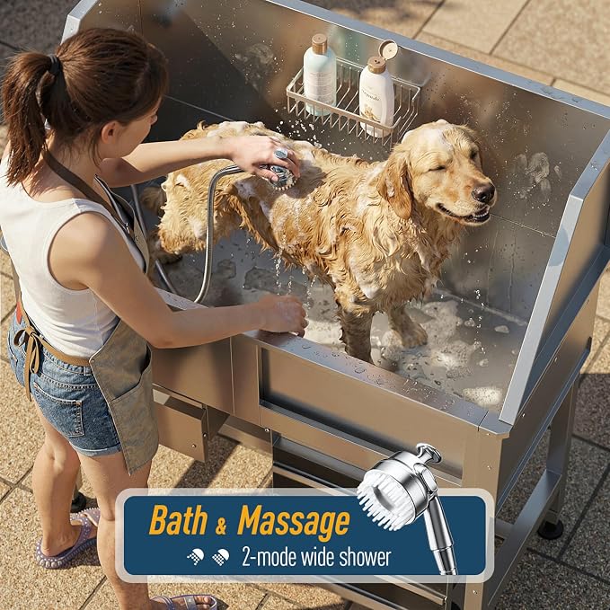 46" Dog Washing Station, 304 Stainless Steel, 440 lb, Side Ramp | hot cold faucet, fixed sprayer, shampoo dispenser, storage drawer, S-trap, hair filter, garage outdoor grooming