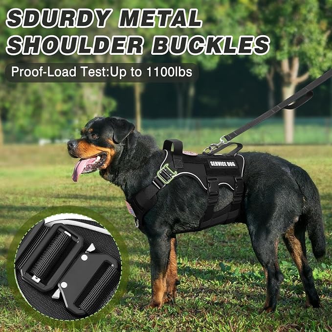 Tactical Dog Harness and Leash Set with Metal Buckles+10 Patches | Heavy Duty Service Dog Vest ,Adjustable Harness for Large Sized Dogs,No Pull Front Back Clips,for Training Hiking,Black XL