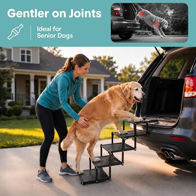 Dog Stairs for Car - Foldable Dog Steps for Large Dogs with Non-Slip Surface & Extra Wide Design, Pet Ramp for SUVs & Trucks, Portable Metal Frame Supports Up to 250 lbs (5 Steps)