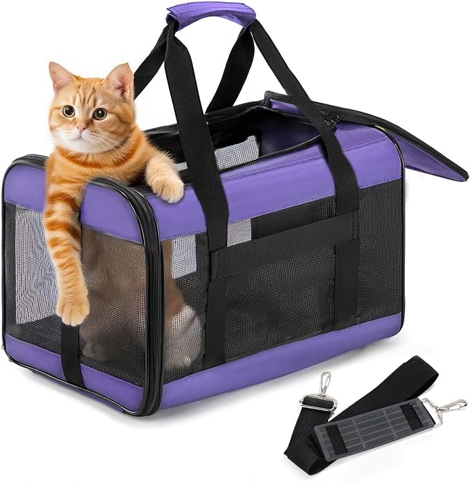 Conlun Cat Carrier Airline Approved, Soft-Sided Dog Carrier with Inner Safety Leash, Pet Transport Carrier for Small-Medium Cats Puppies up to 15 Lbs, Collapsible Travel Kitten Carrier Bag -Purple M