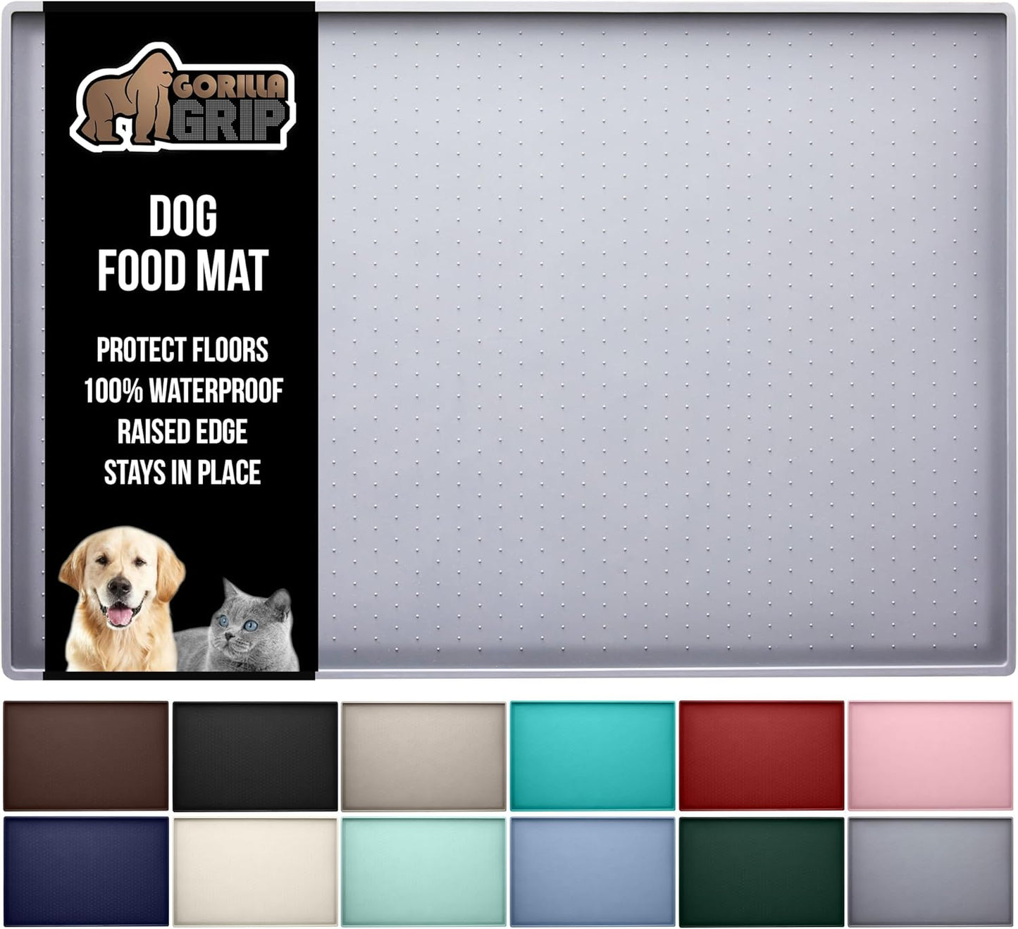 GORILLA GRIP 100% Waterproof Raised Edge BPA Free Silicone Pet Feeding Mat, Dog Cat Food Mats Contain Spills Protects Floors, Placemats for Cats, Dogs Water Bowl, Pets Accessories 23x15 Light Gray
