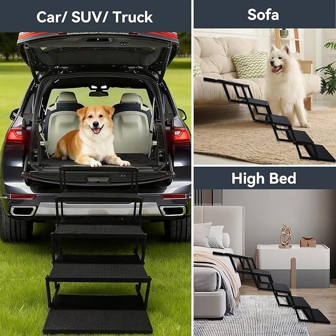 Dog Steps for Car, Truck, SUV, Dog Ramps for Cars with High Traction Surface, Portable Waterproof Dog Stairs for Large Dogs, Supports Up to 200 lbs, 5 Steps