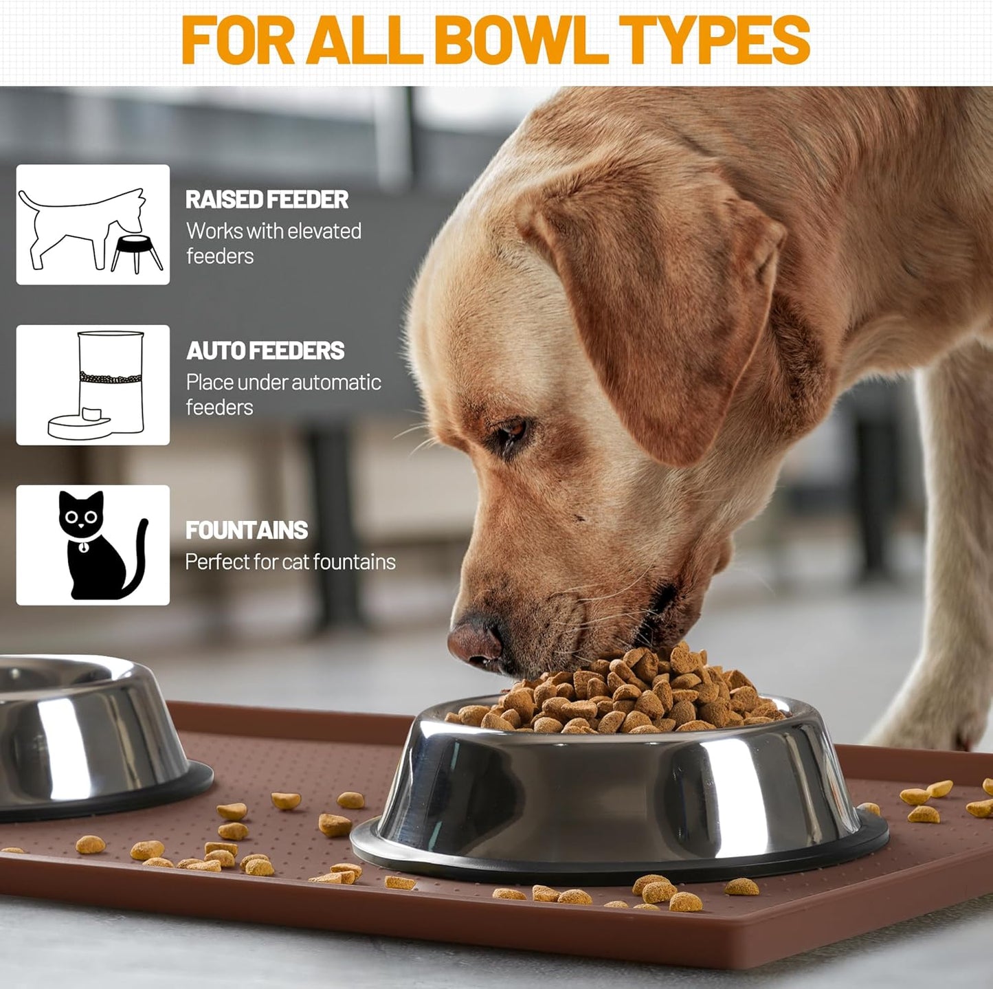 Hubulk Dog Feeding Mat,100% Waterproof Food Grade Silicone Pet Food and Water Bowl Placemat,Dishwasher, High Raised Edge to Prevent Spills,Nonslip Tray to Stop Messes on Floor（24"x16"x0.5", Brown）
