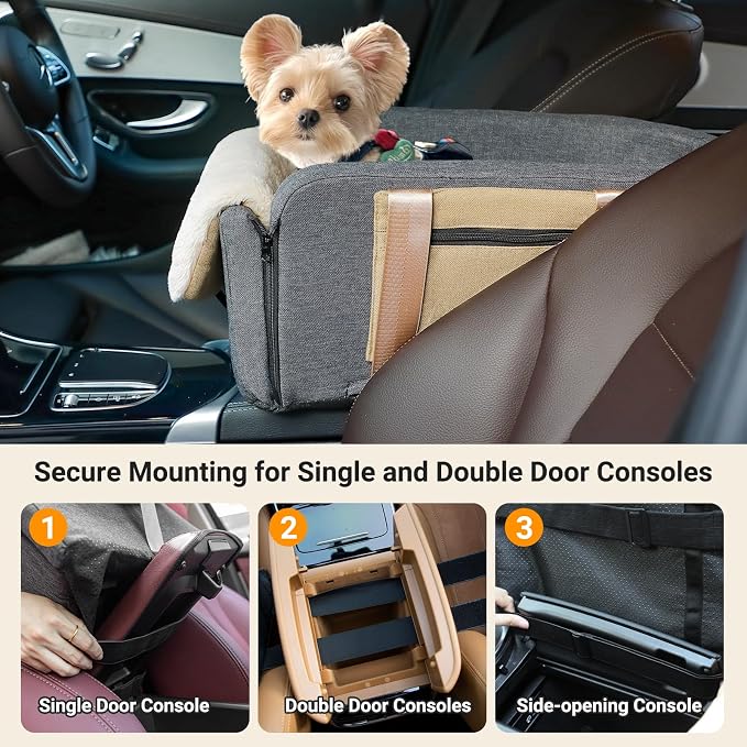 Console Dog Car Seat Cat Carrier - Pet Car Booster Seat on Cars' Armrest Travel Bags for Cats Dogs with Easy Carrying Strap Dog Travel Carrier with Safety Tethers