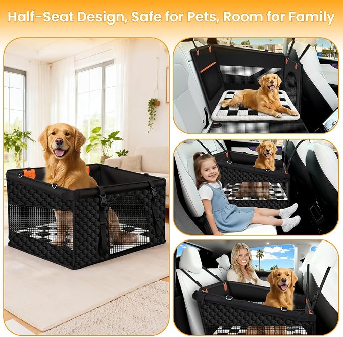 Large Dog Car Seat Cover with Checkered Dog Bed Mat for Back Seat Half - Single Seat Travel Hammock Extender, Waterproof Hard Bottom, Trendy Checkered Car Accessories for SUV Truck Vehicle