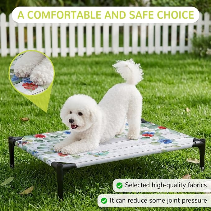 Outdoor Elevated Dog Bed for Medium Dogs, Independence Day Breathable Cooling Raised Dog Cot for Indoor/Outdoor, Eucalyptus Leaves Floral Wooden Plank Waterproof Elevated Pet Beds, M 24 x 20 in