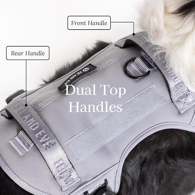Fei & Eve Classic Dog Harness, MagEase Magnetic Buckle | 3-Point No-Pull Control, Dual Handle Support, 900D Nylon, Tactical Patch Panel, Heavy Duty, Medium, Gray