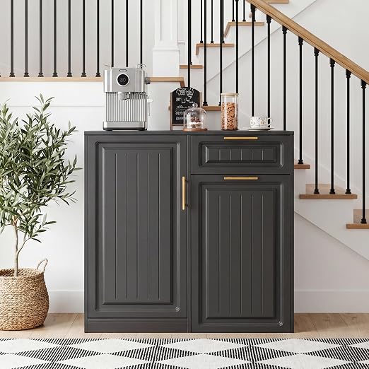 ZIFTY Pull Out Trash Can Cabinet with Storage, 13 Gallon Trash Can, Black | Pet Proof, Freestanding Kitchen Cabinet, Drawer & Adjustable Shelf, Garbage Recycling, Modern Farmhouse Waste Bin Furniture