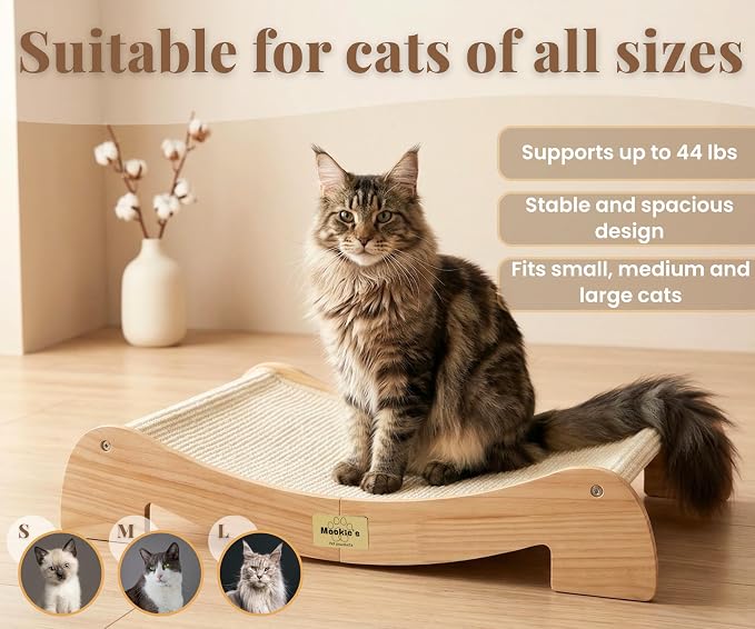 Extra Wide Cat Scratcher Bed, 26.5 x 16.7 in, Natural Sisal, Solid Wood | Stable design, supports cats up to 44 lb, renewable sisal fibres, durable and economical cardboard-free alternative