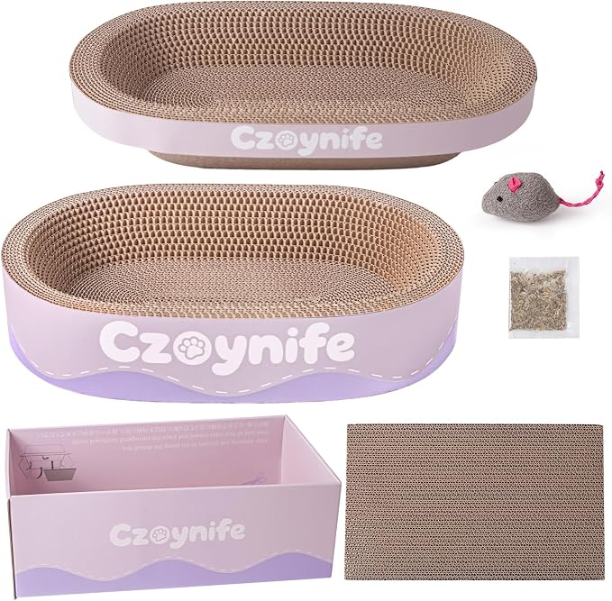 3PCS Cat Scratcher Cardboard, Oval Cat Scratch Pad Bowl Nest for Indoor Cats, Round Cat Scratching Board Corrugated Lounge Cat Bed, Furniture Protector for Couch (Purple, 17 * 11.5 in)