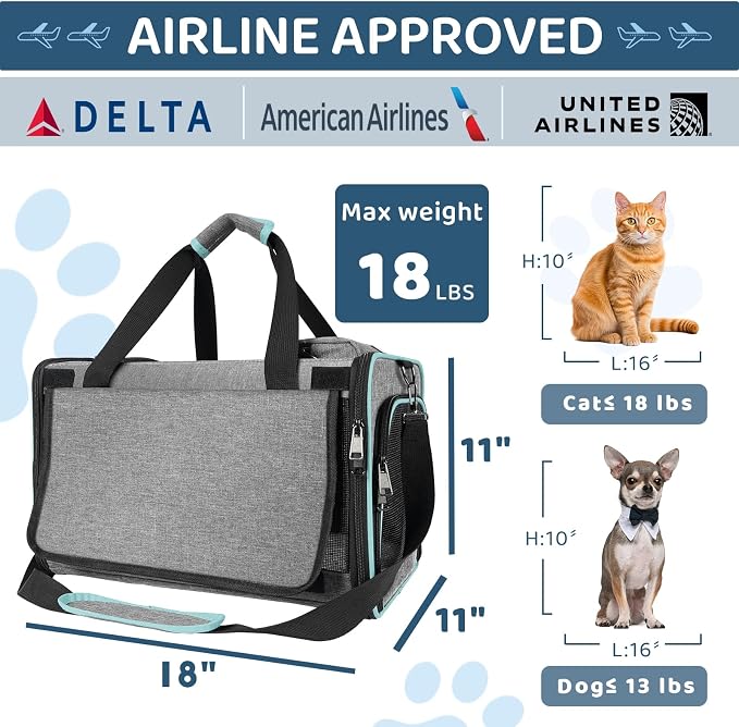 GAPZER Soft-Sided Pet Carrier for Air Travel 18x11x11 Inch - Underseat Cabin Carry Bag for Small Cats & Dogs Under 15 lbs