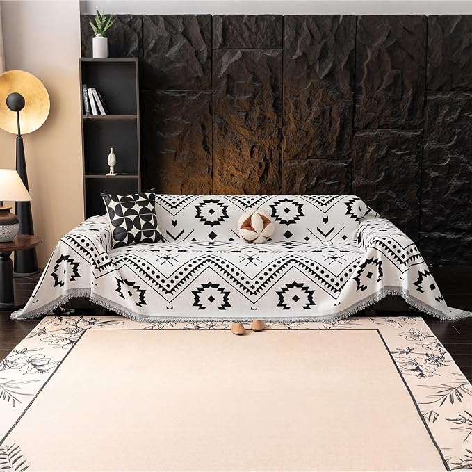 VClife Southwestern Tribal Sofa Cover Bohemian Black White Aztec Geometric Pattern Couch Cover Furniture Protector with Tassel Fringe 3-Seater Couch Cushion Cover 71" X 134"
