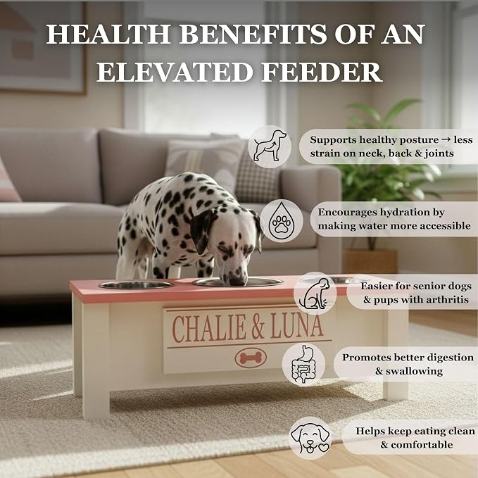 3 Bowl Dog Feeding Station, Personalized Triple Bowl Food Stand Medium Dogs | Farmhouse Style, Elevated Wood Stand, Storage Container, Stainless Steel Bowls, Raised Anti-Slip Feeder, Made in USA