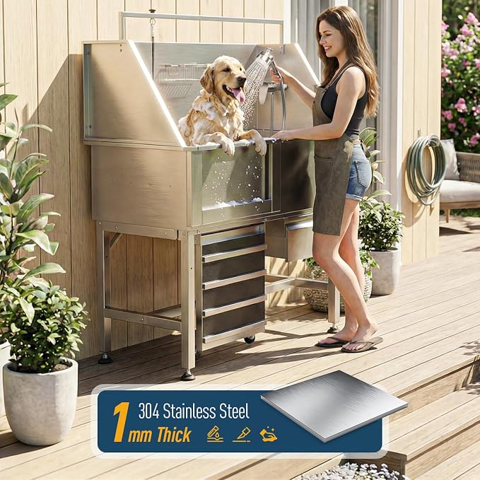 46" Dog Washing Station, 304 Stainless Steel, 440 lb, Side Ramp | hot cold faucet, fixed sprayer, shampoo dispenser, storage drawer, S-trap, hair filter, garage outdoor grooming