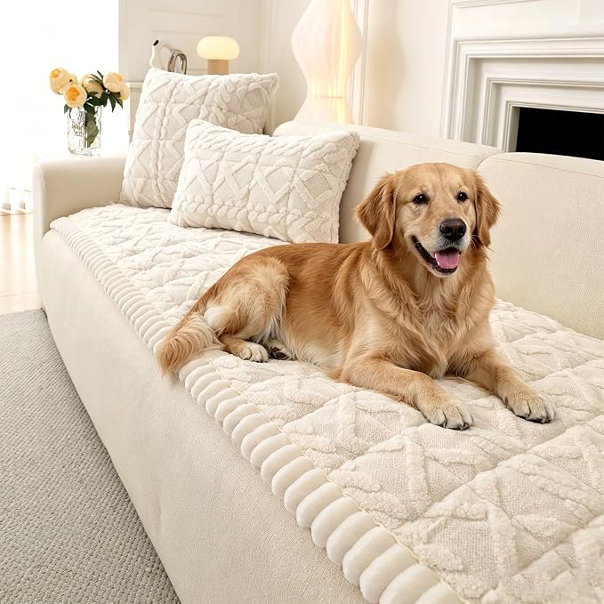 OTOB Couch Cover for Dogs Washable Pet Friendly, Non Slip Plush Fuzzy Love Seat Couch Covers Sofa Slipcovers, Geometric Jacquard Soft Pet Cushion Mat Furniture Protector (Off White, 27.6" x 59.1")