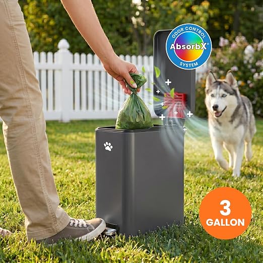 iTouchless 3 Gallon / 12 Liter Outdoor Pet Waste Bin with AbsorbX Odor Filter - Stainless Steel Garbage Can with Lid & Pedal - Small Trash Can for Patio, Deck, Yard, and Garage, Matte Gray