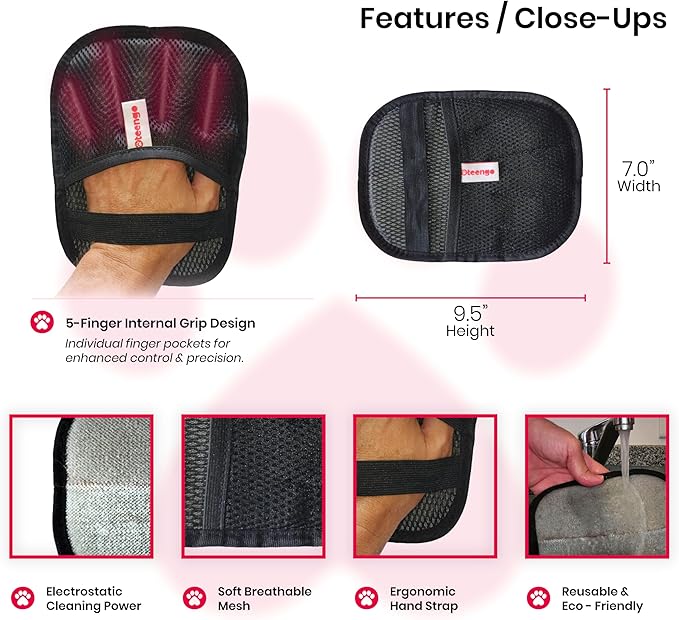 Oteengo Upgraded Electrostatic Pet Hair Removal Glove for Cats & Dogs – 5-Finger Cat Hair Remover - Reusable Magic Brush Pet Hair Remover Tool for Laundry, Furniture, Carpet, Bedding & Car Seats