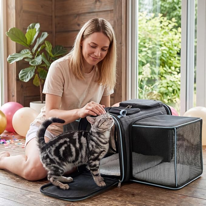 Expandable Cat Carrier for Cats and Small Dogs, Airline Approved Under-Seat with Double-Side Extension, Durable 600D Fabric Internal Frame, Ventilated with Safety Leash, Blue