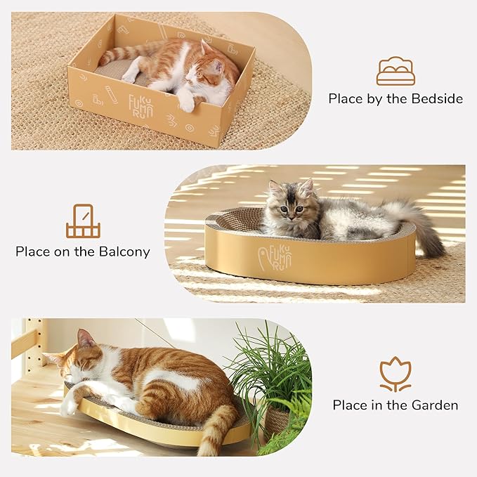 FUKUMARU 3PCS Cardboard Cat Scratcher Bed, Durable Oval Cat Scratch Pads | Round Cats Scratching Board Set, Large Scratcher Box for Indoor Cats, Kitten Scratcher Bowl, Couch Sofa Furniture Protector