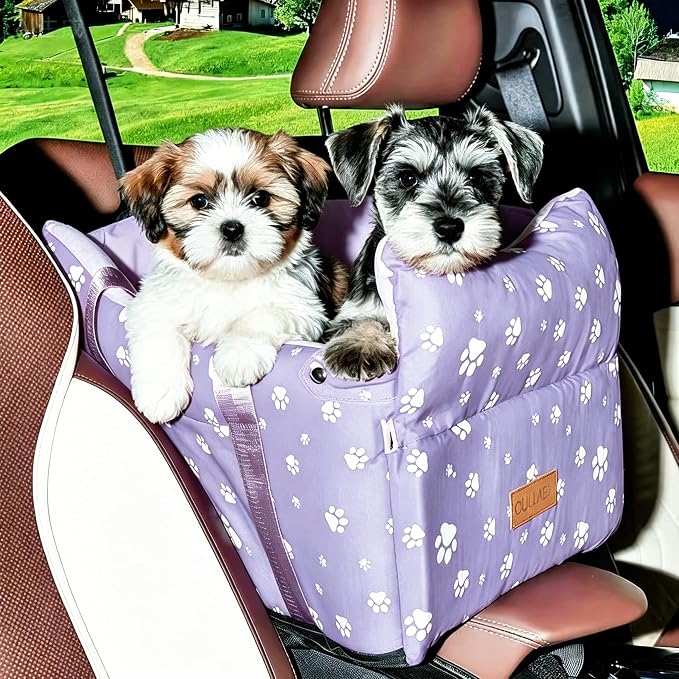 Center Console Dog Car Seat for Medium Dogs,Purple | Portable Armrest Booster With Soft Cushion Safety Belt, Up To 21 Lbs