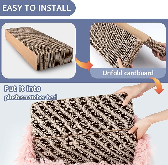 Cat Lounge Scratcher Box with Removable Cardboard (Pink) | High-density Corrugated Cardboard with Double-sided Use, Soft Long Plush, Release Stress and Protect Furniture