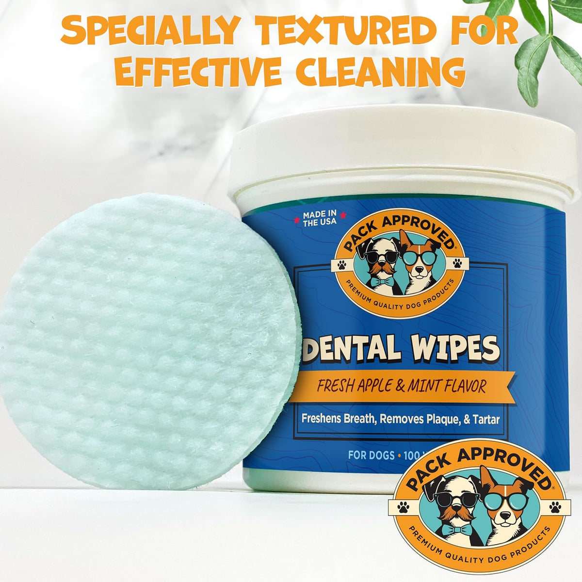 Dental Wipes for Dogs - Dog Teeth Wipes for Oral Care, Tartar and Plaque Remover - Cleans and Freshens Breath for Dogs with Fresh Apple & Mint Scent - Dog Teeth Cleaning Pads – 100 Count