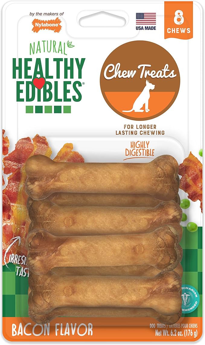 Nylabone Healthy Edibles Natural Dog Chews, Long Lasting Bones for Dogs, Bacon Flavor Dog Treats, X-Small (8 Count)