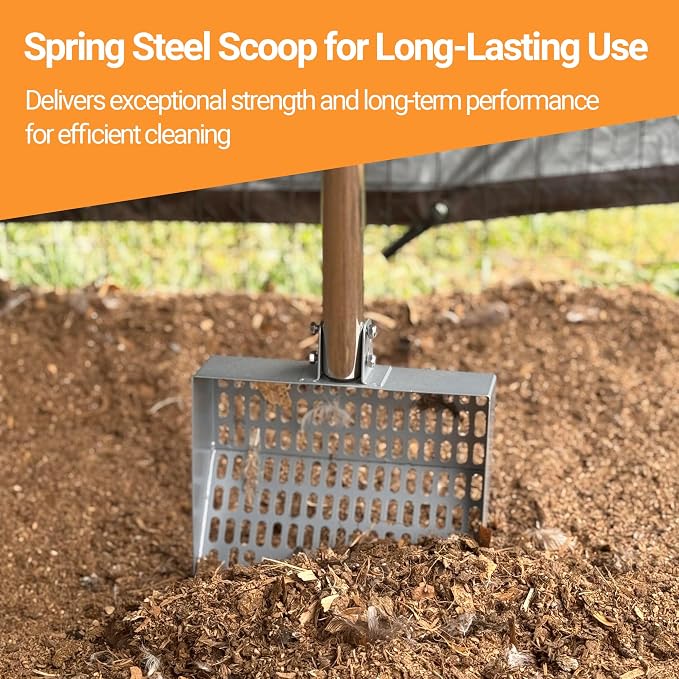 Chicken Poop Scooper Spring Steel Shovel 38-66in Extendable Handle | 3 Adjustable Angle Sifting Shovel Professional Poultry Litter Cleaner for Chicken Coop, Duck, Goat and Sand
