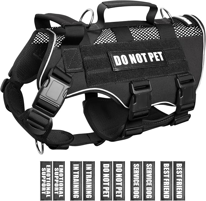 Tactical Molle Vest Mesh Dog Harness with 10 Removale Pet Patches | Breathable Service Dog harness with Double Soft Padded Handle for Large Dog, Reflective Military Pet Vest for Walk Hiking