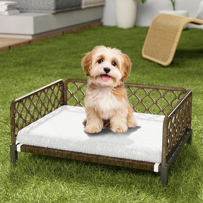 Indoor & Outdoor Dog Bed, Elevated All-Weather Wicker Pet Sofa with Washable Waterproof Cushion, Durable Rattan Dog Couch for Small Dogs, Brown Rattan/White Mat