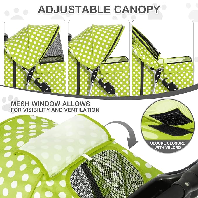 MoNiBloom 3 Wheels Pet Dog Cat Stroller for Small Medium Dogs Cats, Foldable Jogger Stroller w/Storage Basket and Cup Holder, Lawn Green Polka Dots