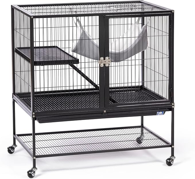 Prevue Pet Products Ferret Stack One Story Ferret Home - Portable Stand, Escape Proof Lock, Includes Hammock & Ramp, Expandable Add-On Cage Stacking System with Wheels - Black