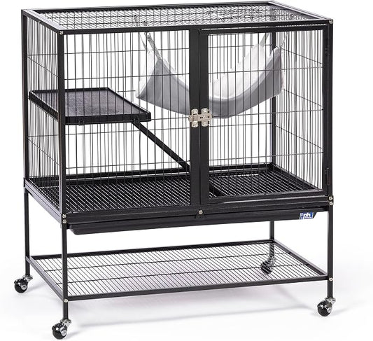 Prevue Pet Products Ferret Stack One Story Ferret Home - Portable Stand, Escape Proof Lock, Includes Hammock & Ramp, Expandable Add-On Cage Stacking System with Wheels - Black
