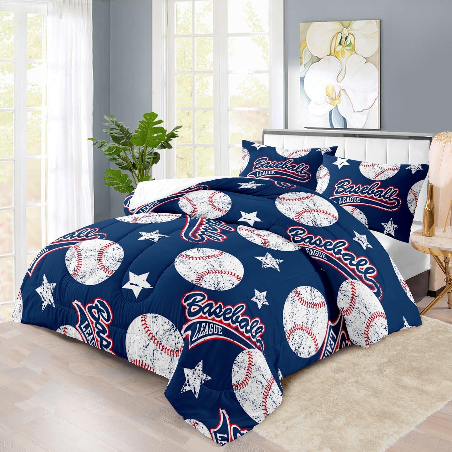Baseball Comforter Set King,Sports Bedding Sets for Boys,Blue Sports Comforter King Bedroom Decor,Baseball Bedding Teen for All Seasons,Blue Quilt Kids Bedroom Decor