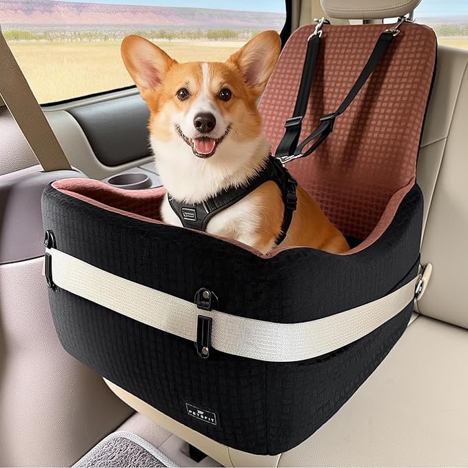 PETSFIT Dog Booster Car Seat with Patented Safety System, 5" Elevated Pad | Fully Detachable Washable Cover, Memory Foam Pet Car Seat for Small/Medium Dogs Up to 35 Lbs with Safety Belt