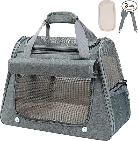 Airline Approved Soft-Sided Pet Carrier for Cats & Small Dogs - Ventilated Travel Bag with Removable Mat, Under 15 lbs, Grey