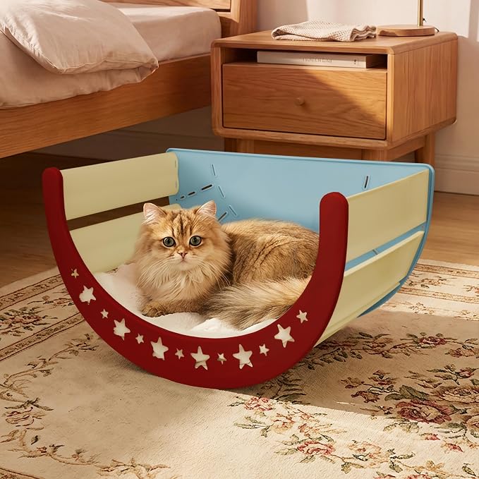 3-in-1 Crescent Elevated Cat Bed with Removable Sisal Scratcher & Soft Fleece Mat, Rocking Cat Hammock Lounge for Indoor Cats, Kittens & Small Animals, Blue