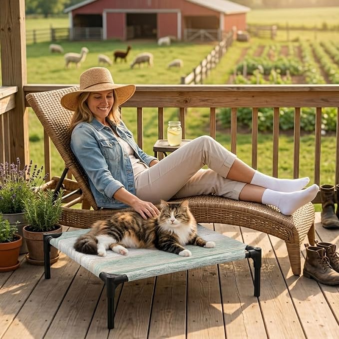 Outdoor Elevated Dog Bed for Small Dogs, Sage Green Grey Breathable Cooling Raised Dog Cot for Indoor/Outdoor, Farmhouse Gray Barn Wooden Vintage Striped Waterproof Elevated Pet Beds, S 20 x 20 in