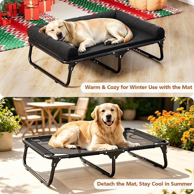 Foldable Elevated Large Dog Cot Bed with Detachable Soft Mat | For Indoor & Outdoor, Raised Orthopedic Pet Bed, Load Over 150 LBS, Carry Handle, Heavy Duty Frame, Non-slip Foot Pads