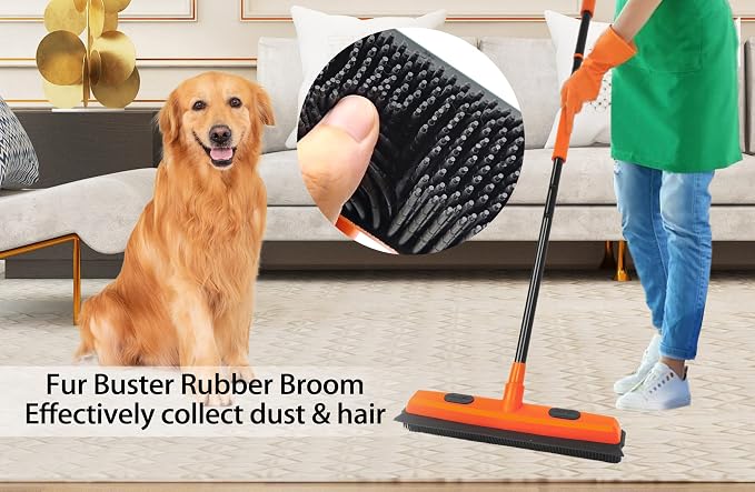 JEHONN Rubber Broom Carpet Rake for Pet Hair Remover, Fur Removal with Squeegee, Portable Detailing Brush Brush, 52.8 Inches Telescopic Long Handle for Fluff Carpet