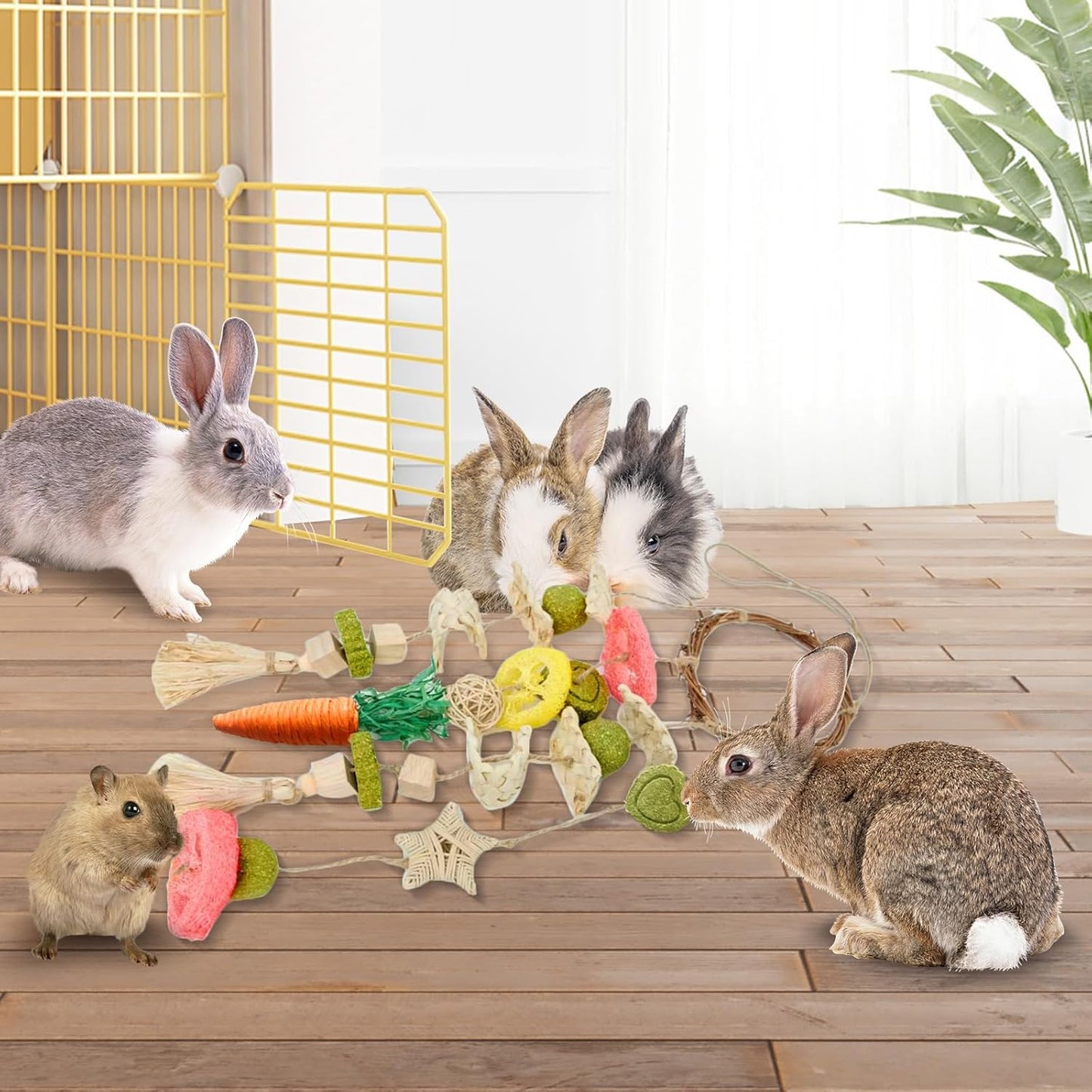 Rabbit Chew Toys Bunny Cage Hanging Toy and Treats Rattan Ring with Snacks for Rodent Pets Teeth Healthy