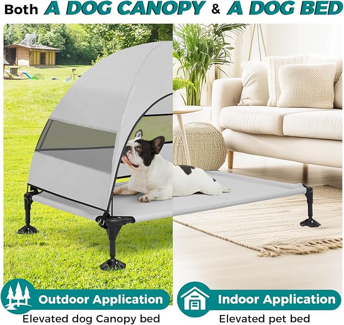 Outdoor Elevated Dog Bed with Canopy for Large Dogs, Grey, L | Breathable Raised Cot with Shade, Tool-Free Setup for Patios, Backyards and Camping