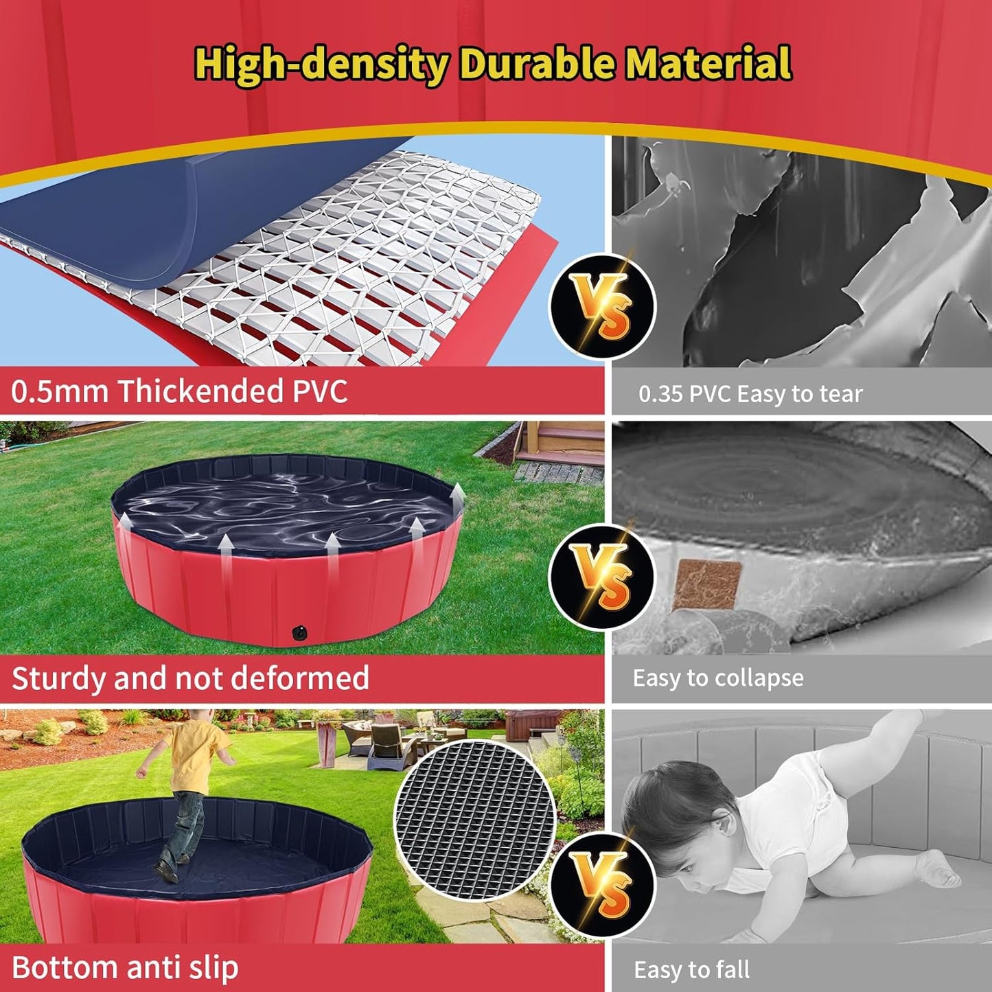 Foldable Dog Pool, 55" x 12" Kiddie Pool with Hard Plastic, Non-Slip Dog Bath Tub for Outdoor Backyard, Collapsible Dog Swimming Pool for Kids Dogs Pets (Red)