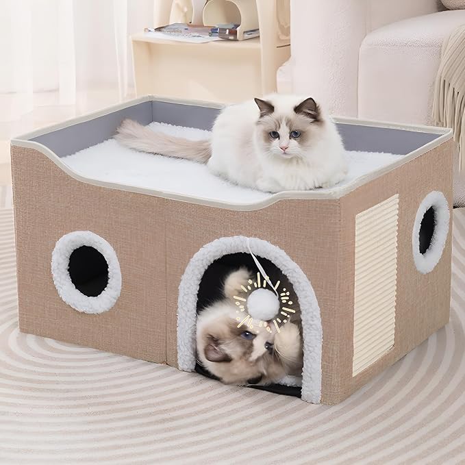 Loyareal Cat Houses for Indoor Cats - Large Cat Bed Cave with Scratch Pad and Fluffy Ball, Foldable Cat Condo Hideaway with Reversible Cushion for Multi Small Pet, Khaki