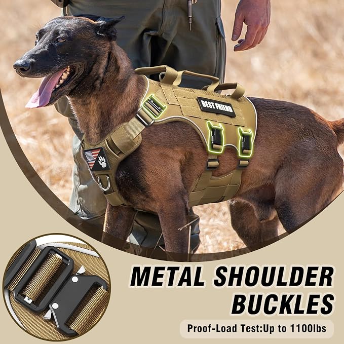 Air Mesh Tactical Dog Harness with Metal Buckles&MOLLE,Brown XL | Breathable Adjustable No Pull Service Dog Vest with 3 Padded Handles,Military Dog Harness for Training Hiking Hunting Working